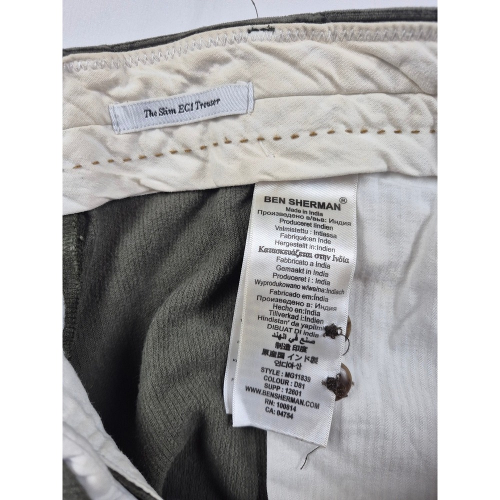 Ben Sherman W36 L32 Mens Corduroy Pants Slim Olive Green Button Fly EC1 - Picture 2 of 6